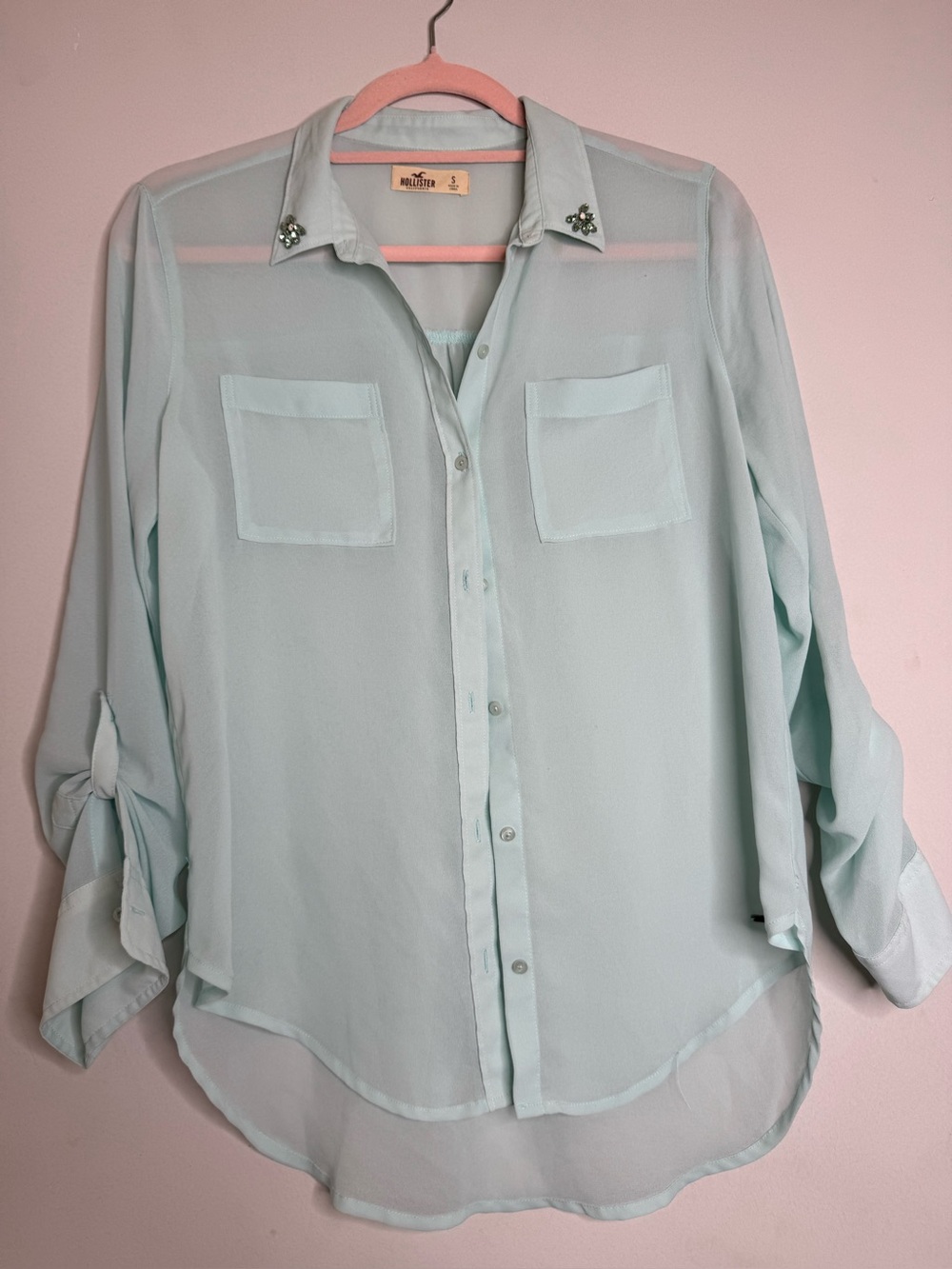 Hollister Mint Green Sheer Button-Down Blouse with Jewel Collar